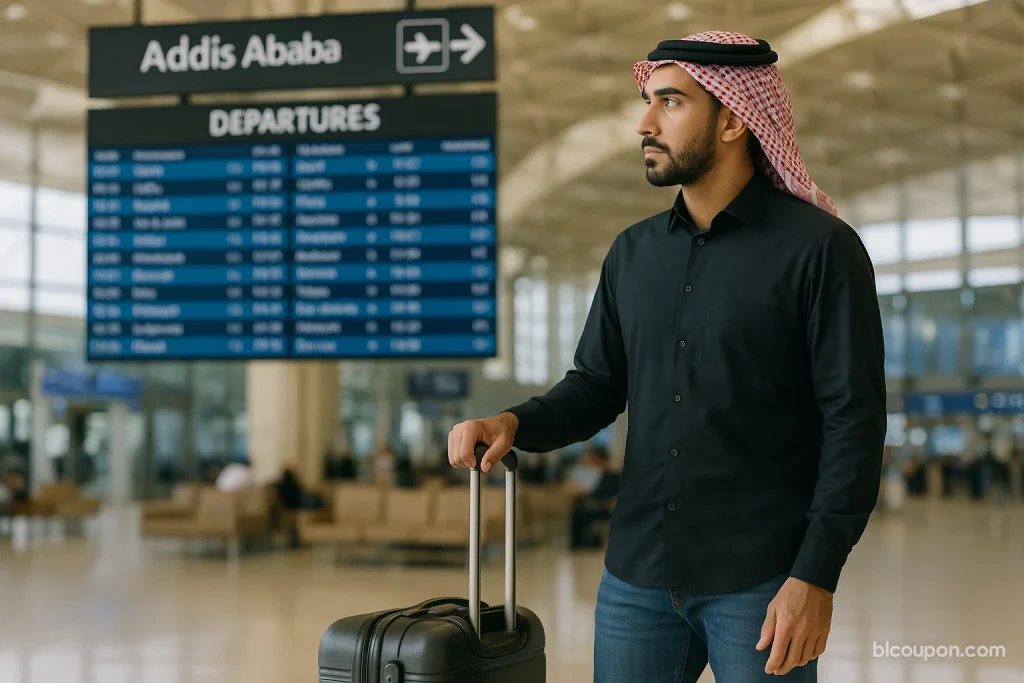 مسافر يقف في مطار الملك خالد بالرياض متجهًا إلى أديس أبابا مع عرض كوبون خصم فلاي إن حتى 150 ريال
