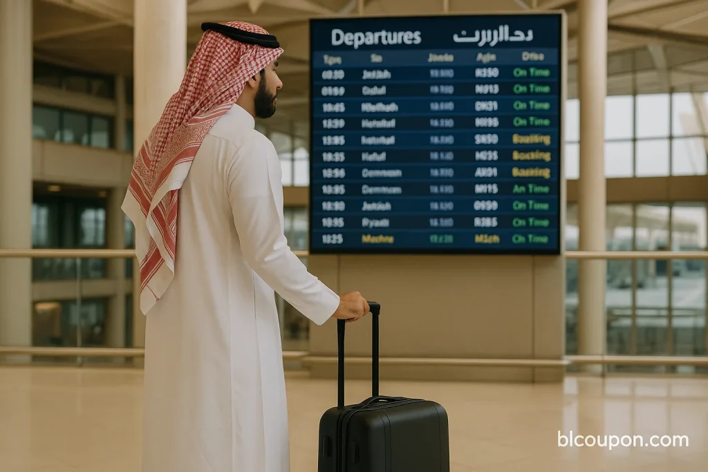 مسافر سعودي في مطار الرياض يستعد لرحلته إلى المدينة المنورة مع عرض كوبون خصم فلاي إن حتى 150 ريال